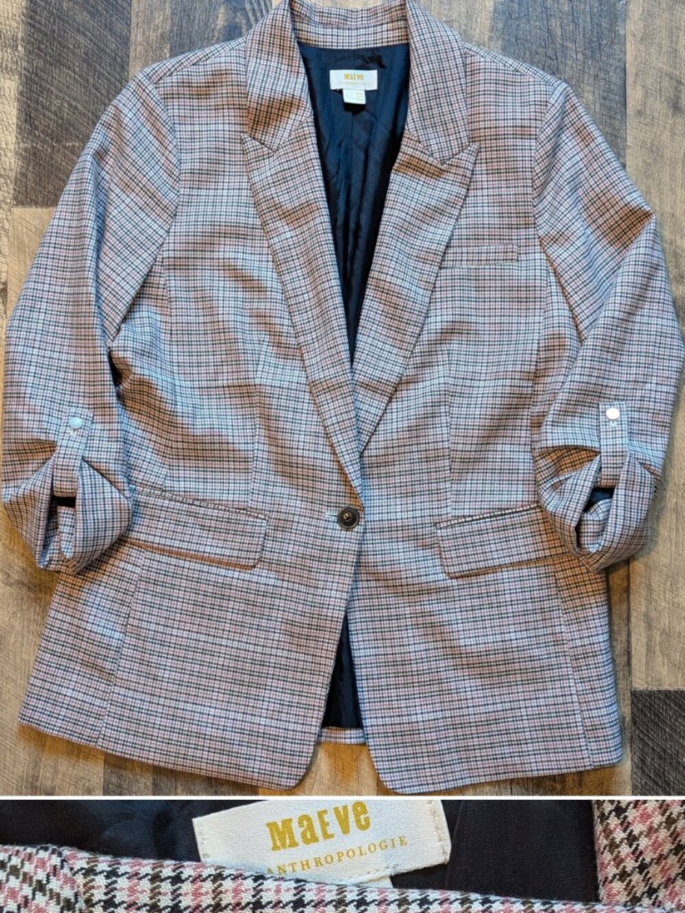 Maeve Roll-Sleeve Blazer Plaid Anthropologie Jacket